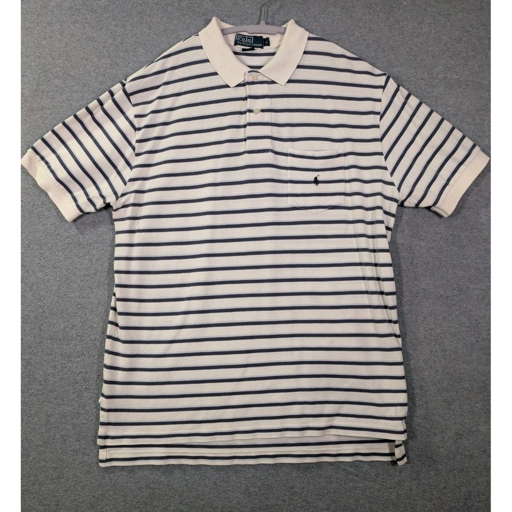 VTG Y2K Polo Ralph Lauren Men's L White Blue Striped Pocket Polo Preppy Casual